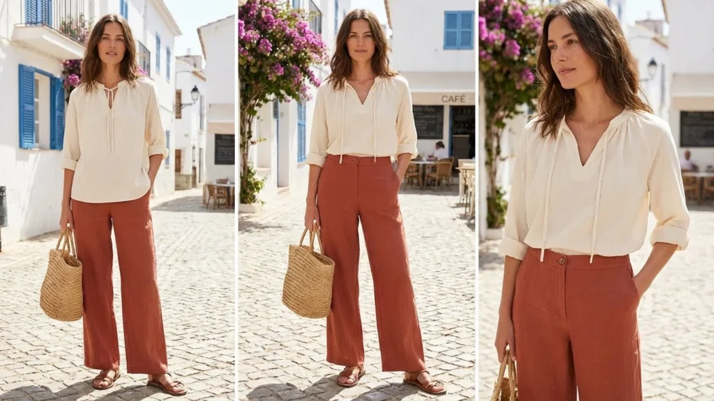Cotton Blouse with Wide-Leg Pants