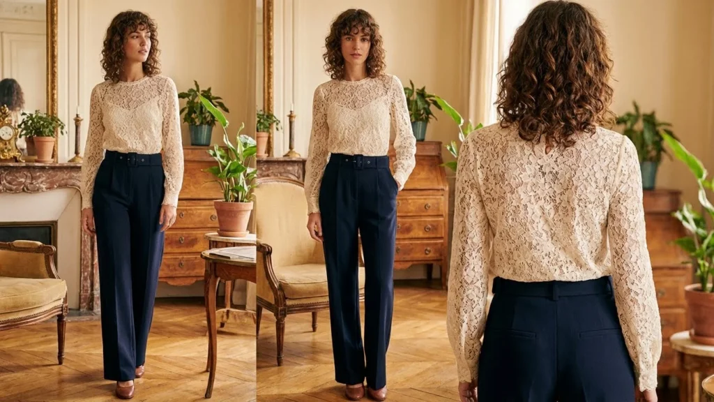 Lace Blouse with High-Waisted Trousers