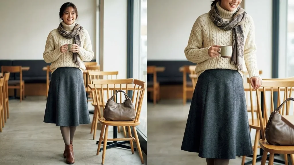 Neutral Knit Sweater & A-Line Skirt Ensemble