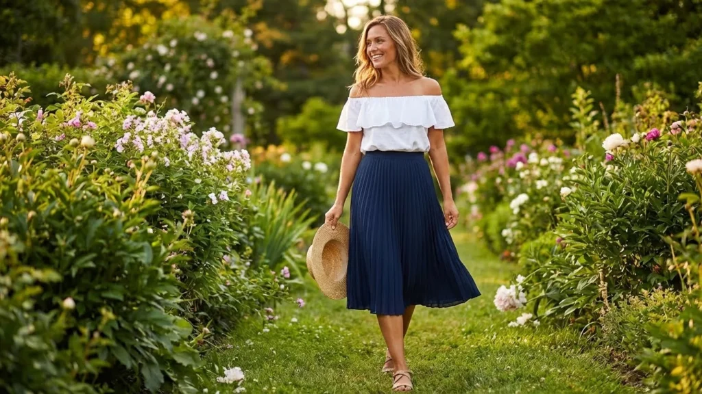 Off-Shoulder Top with a Midi A-Line Skirt