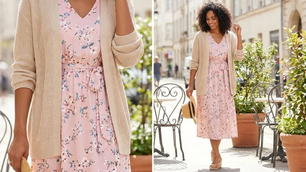 Pastel Midi Dress with Light Cardigan