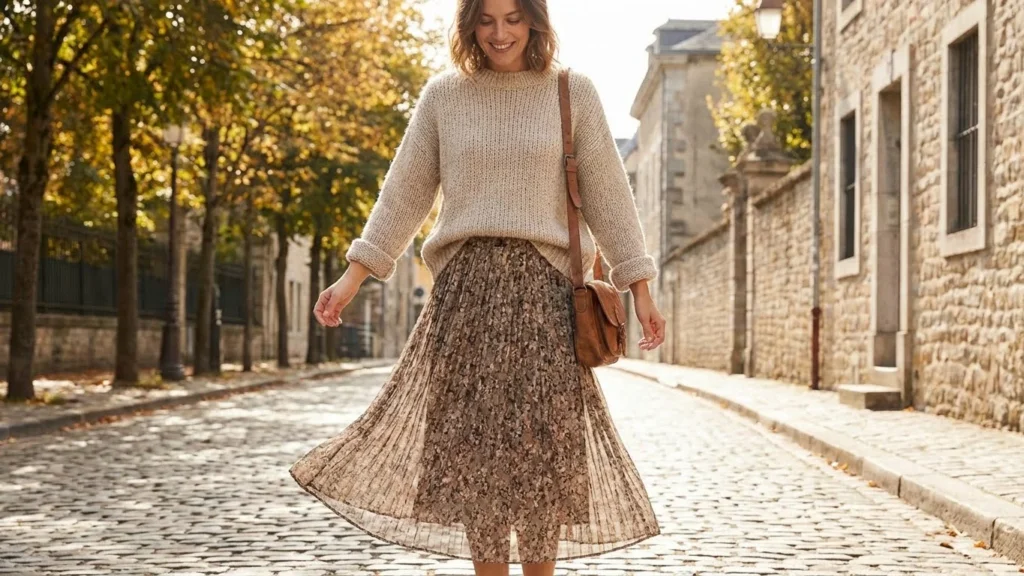 Soft Knit Sweater Paired with a Flowy Skirt