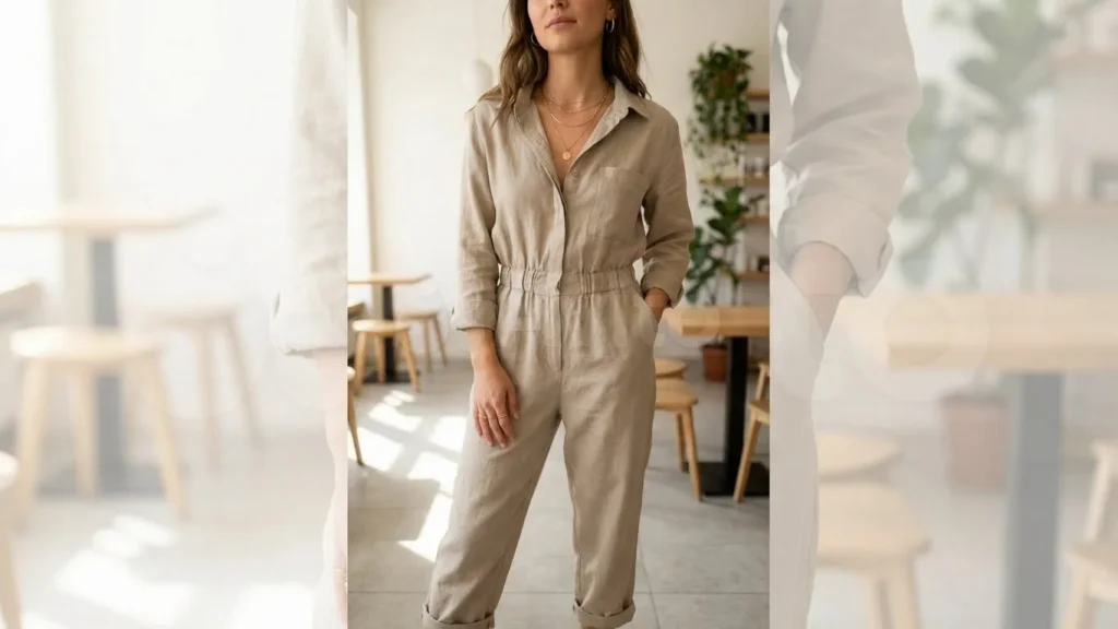 Soft Neutral Jumpsuit with Delicate Jewelry