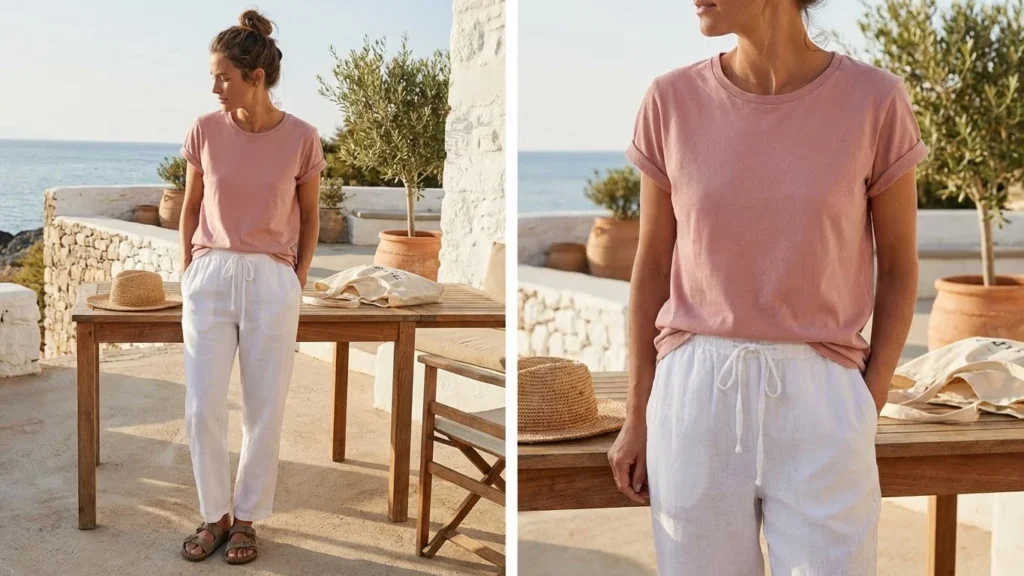 Soft Pink Tee with White Linen Pants